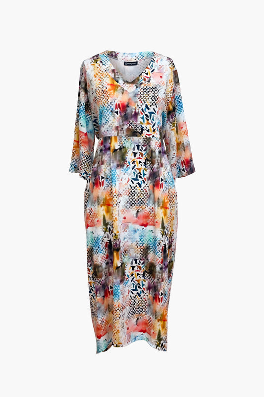 Bittermoon Carly Dress in multicolour prism print – relaxed fit midi dress with V-neck and 3/4 sleeves, made in New Zealand