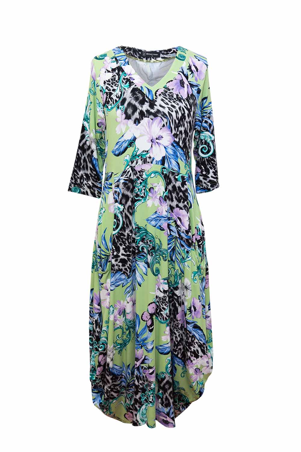 Bittermoon Carly Dress in Calypso print – green-based floral and leopard midi dress with V-neck and 3/4 sleeves, made in New Zealand