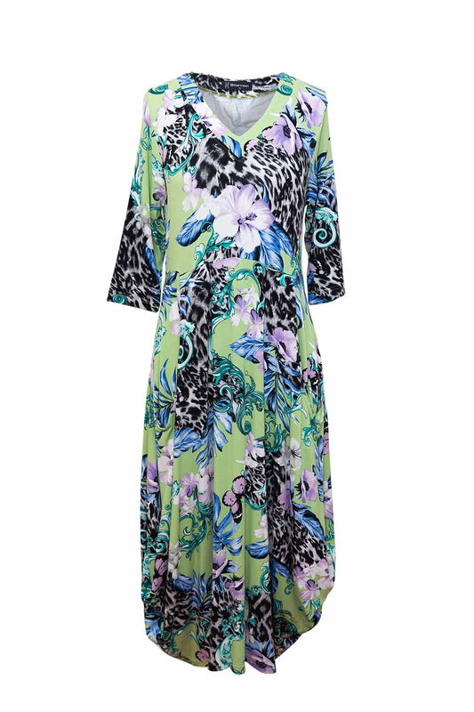 Bittermoon Carly Dress in Calypso print – green-based floral and leopard midi dress with V-neck and 3/4 sleeves, made in New Zealand
