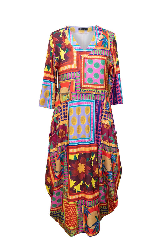 Bittermoon Carly Dress in Frame – vibrant midi dress with abstract patchwork-style print in multicolours, ¾ sleeves and side pockets. Made in NZ.