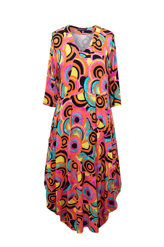 Bittermoon Carly Dress in Jamaica print – bright multicolour stretch knit dress with V-neck and 3/4 sleeves, made in New Zealand

