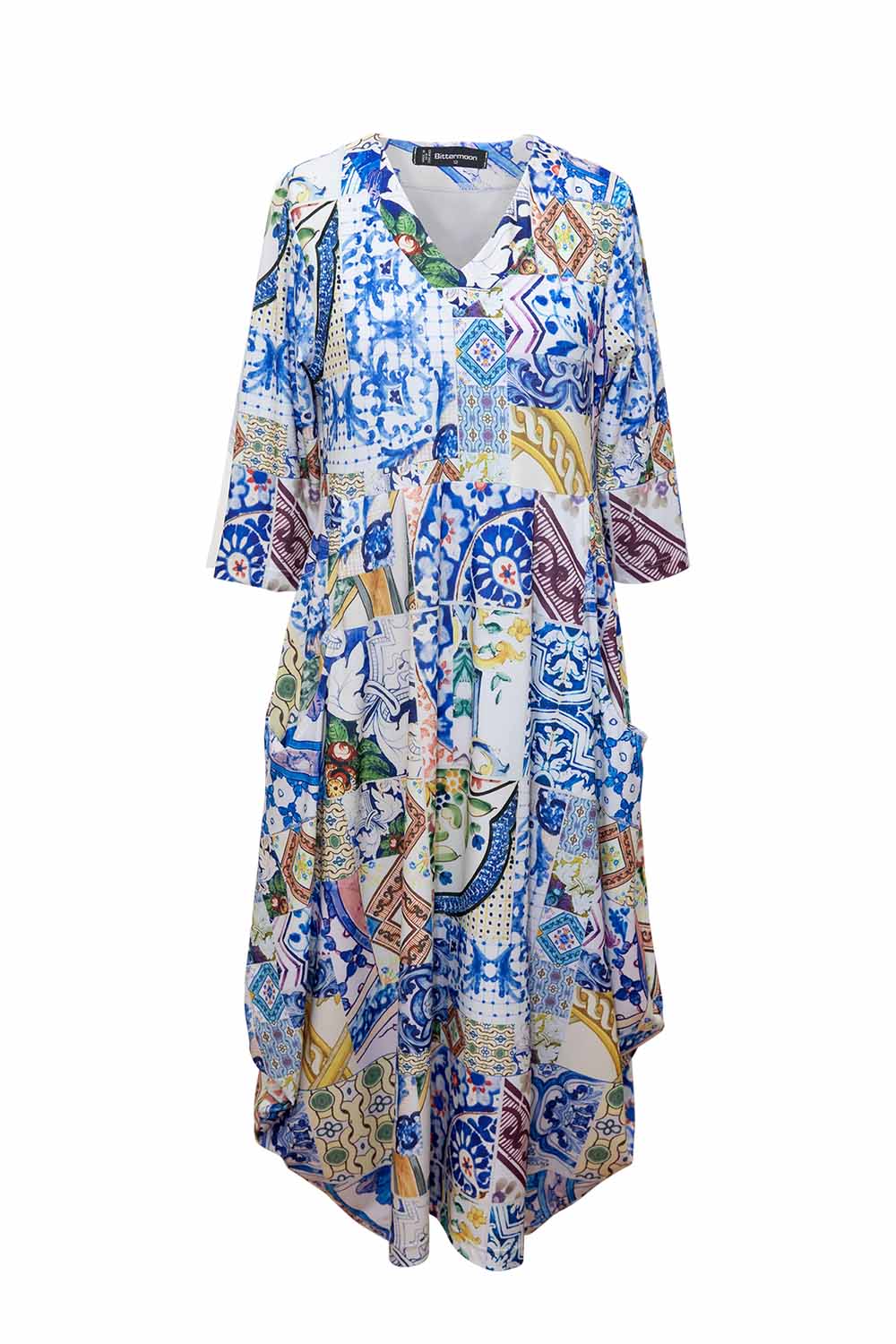 Bittermoon Carly Dress in Mosaic print – colourful Mediterranean tile-inspired midi dress with V-neckline and 3/4 sleeves, made in New Zealand

