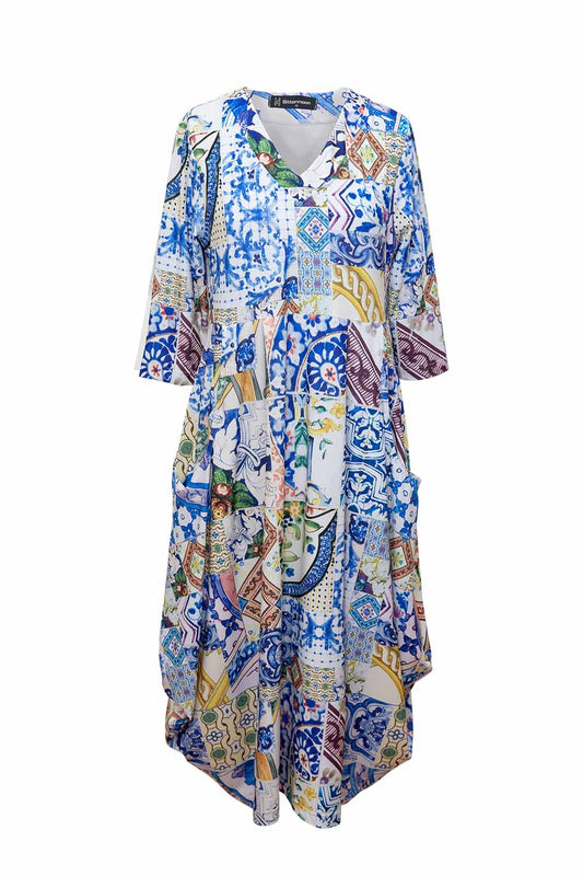 Bittermoon Carly Dress in Mosaic print – colourful Mediterranean tile-inspired midi dress with V-neckline and 3/4 sleeves, made in New Zealand


