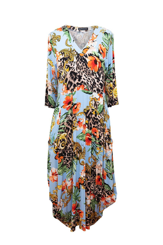 Bittermoon Carly Dress in Paradise print – tropical and leopard mix midi dress with V-neckline and 3/4 sleeves, made in New Zealand