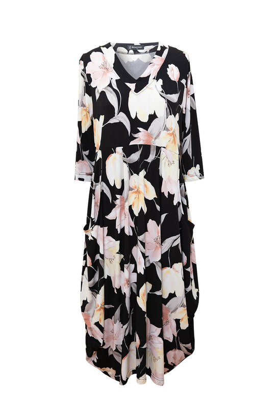 Bittermoon Carly Dress in Poulton – black midi dress with large floral print in soft cream and blush, ¾ sleeves and draped hem. Made in New Zealand.