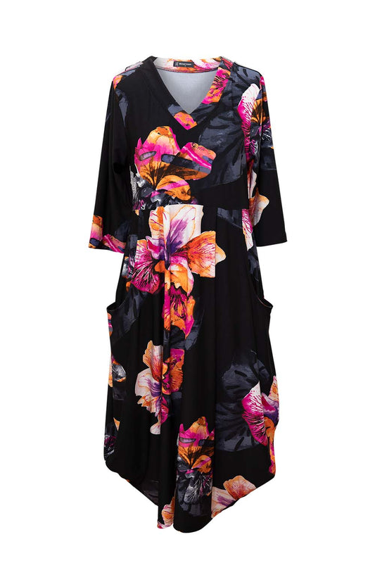 Bittermoon Carly Dress in Sophia – black midi dress with vivid orange and pink floral print, V-neckline, ¾ sleeves, and side pockets. Made in NZ.