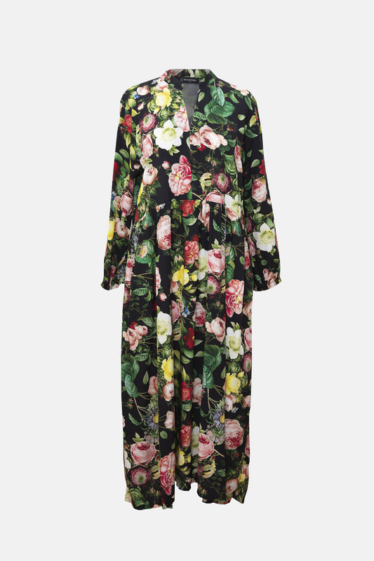 Bittermoon Juliette Dress in Garden print – midi length, gathered neckline, sleeveless A-line silhouette, made in New Zealand