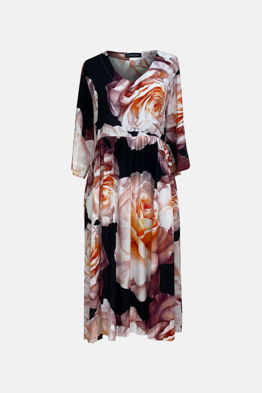 Bittermoon Charisma Dress in apricot – midi-length, V-neckline, relaxed silhouette, short sleeves, made in New Zealand