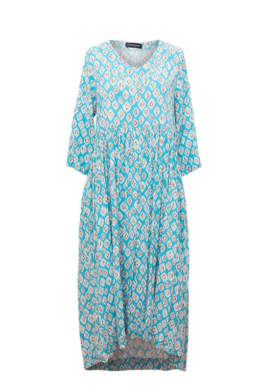 Bittermoon Studio Dress in blue and white diamond print – relaxed fit dress with V-neck, gathered waist and 3/4 sleeves, made in New Zealand

