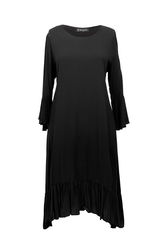 Bittermoon Belle Dress in black – relaxed fit dress with ruffled hem and sleeves, made in New Zealand
