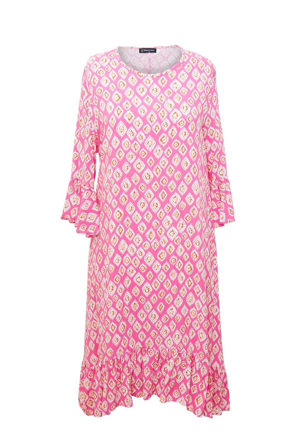Bittermoon Belle Dress in pink – relaxed fit dress with diamond print, ruffled hem and sleeves, made in New Zealand