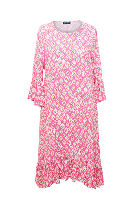 Bittermoon Belle Dress in pink – relaxed fit dress with diamond print, ruffled hem and sleeves, made in New Zealand