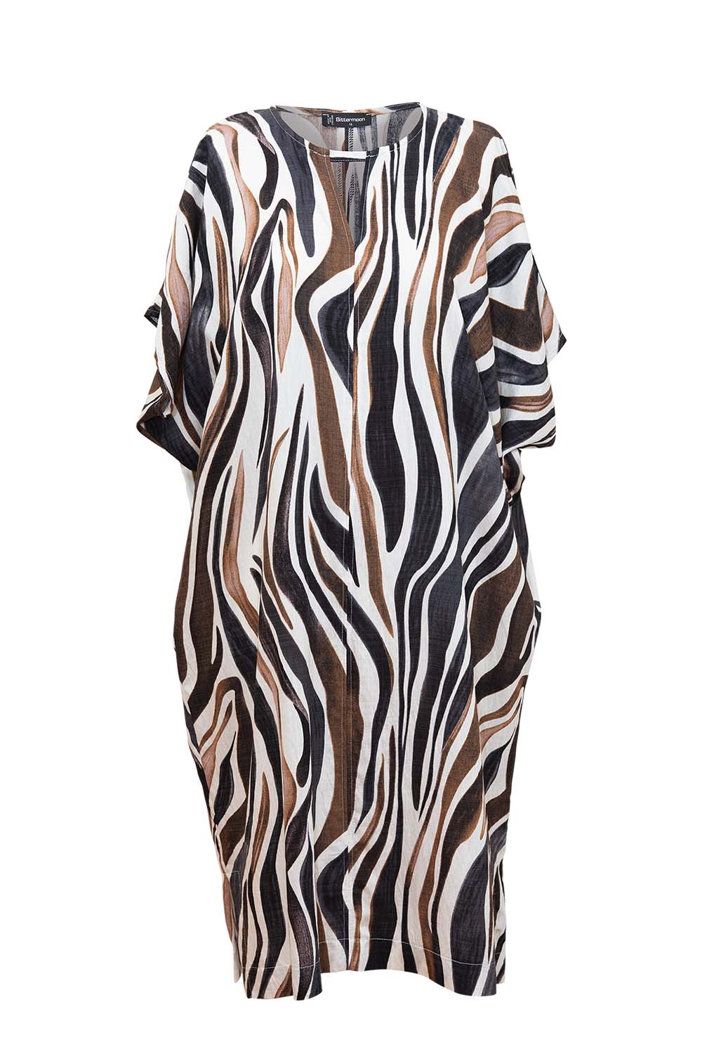 Bittermoon Maddison Dress with zebra-style brown and black stripe print – relaxed fit midi dress with notch neckline and side pockets, made in New Zealand