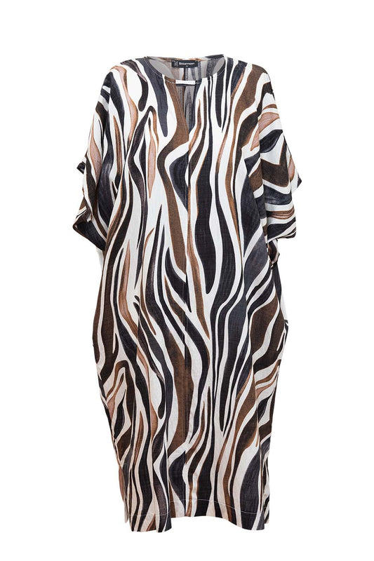 Bittermoon Maddison Dress with zebra-style brown and black stripe print – relaxed fit midi dress with notch neckline and side pockets, made in New Zealand