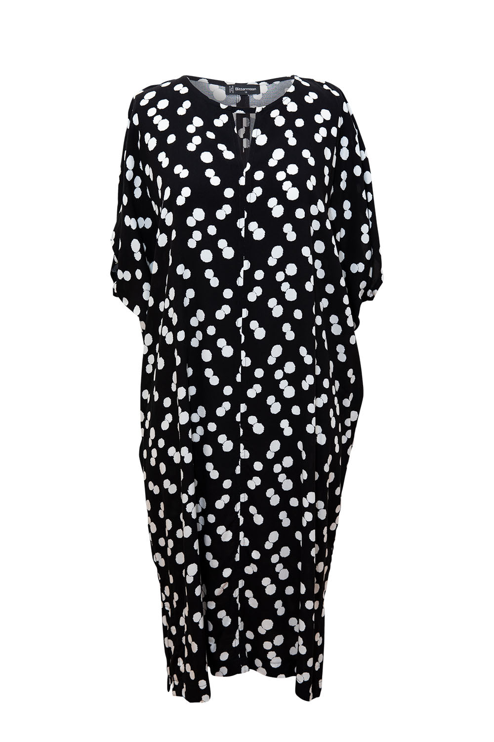 Bittermoon Maddison Dress in black with white abstract dot print – relaxed fit midi dress with notch neckline and side pockets, made in New Zealand