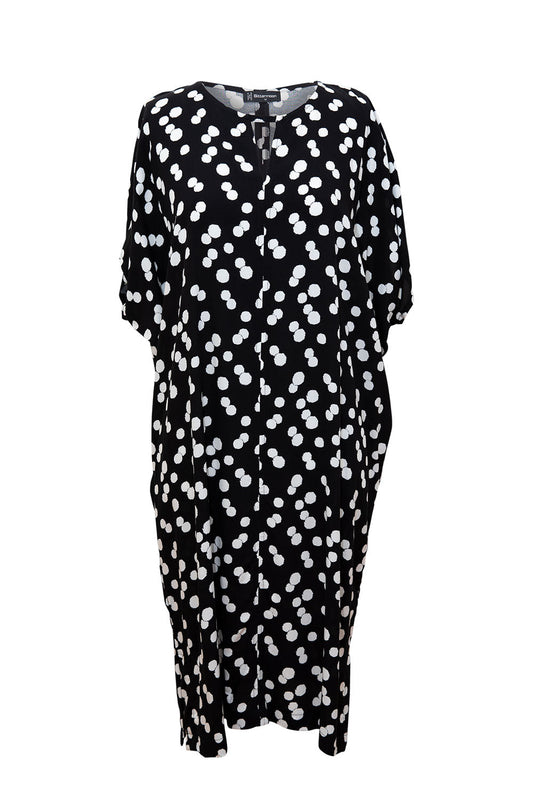 Bittermoon Maddison Dress in black with white abstract dot print – relaxed fit midi dress with notch neckline and side pockets, made in New Zealand