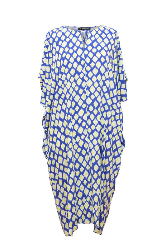 Bittermoon Maddison Dress in cobalt blue and yellow diamond print – relaxed fit midi dress with notch neckline and side pockets, made in New Zealand