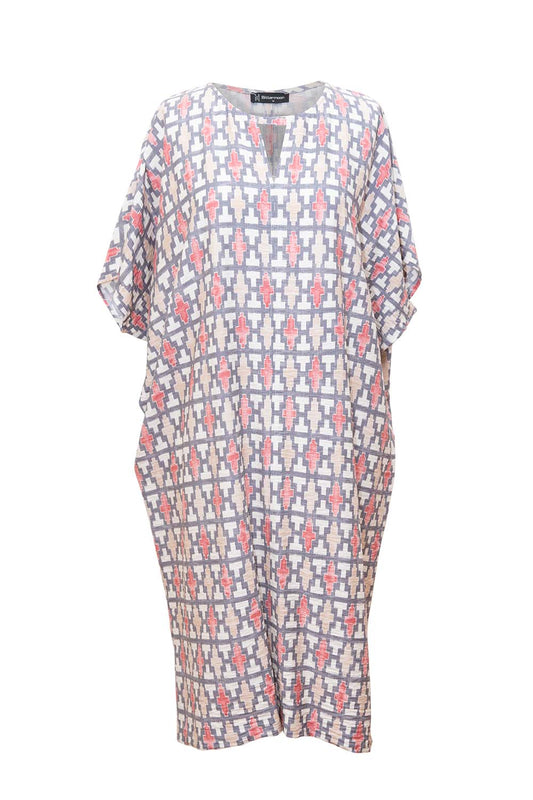 Bittermoon Maddison Dress in red and blue geometric print – relaxed fit midi dress with notch neckline and pockets, made in New Zealand