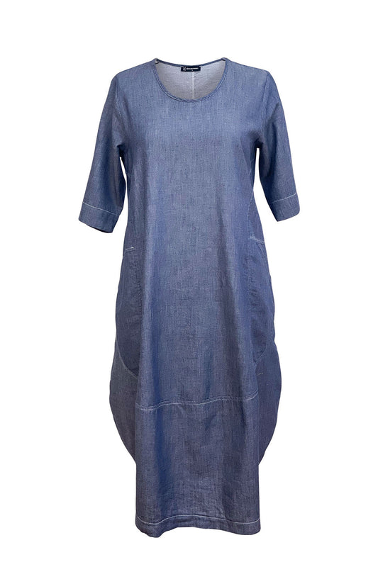Bittermoon Dune Dress Denim – chambray cocoon dress with short sleeves and pockets. NZ made.