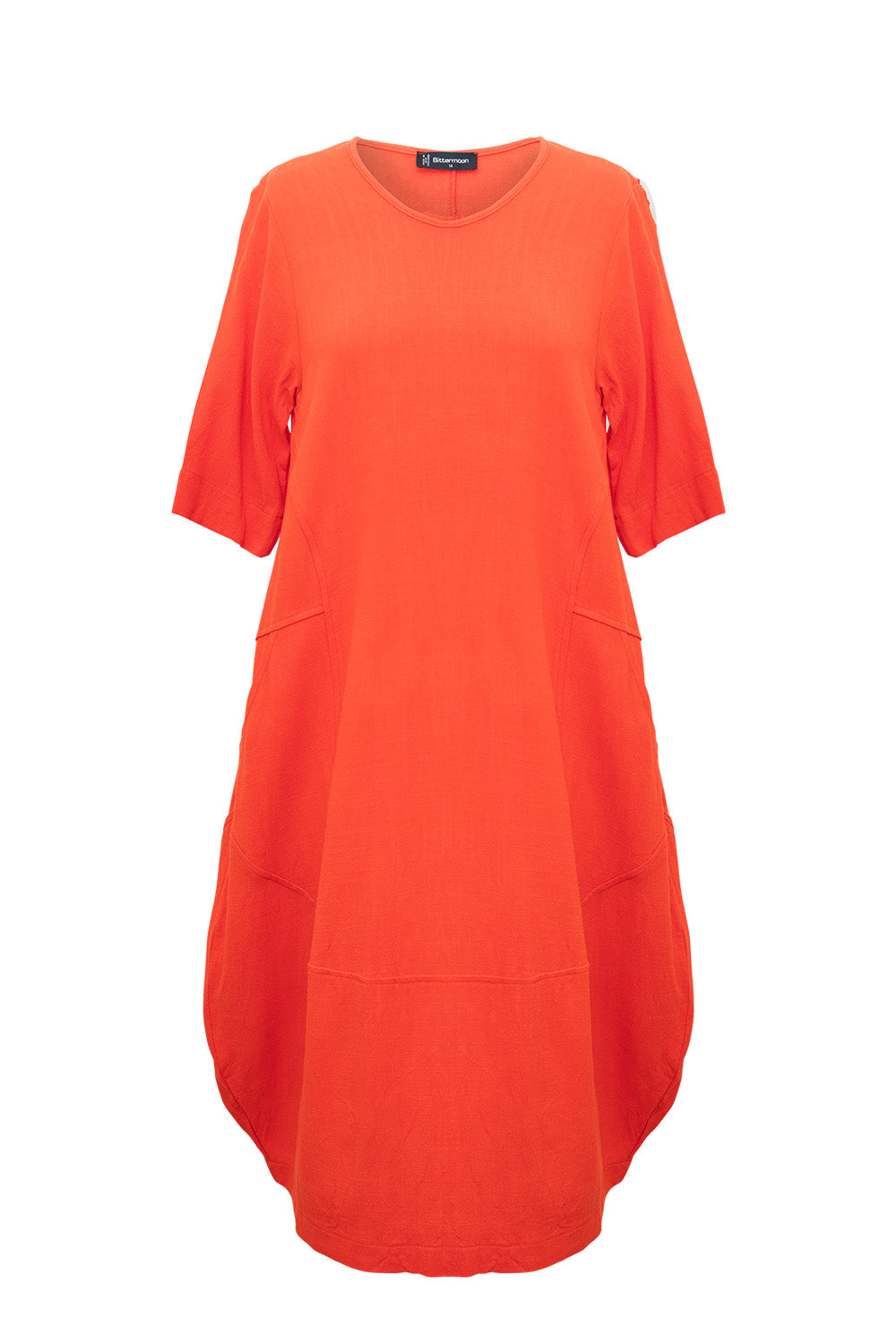 Bittermoon Dune Dress Orange – cocoon-shaped linen-blend dress with short sleeves. NZ made.