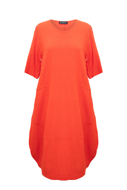 Bittermoon Dune Dress Orange – cocoon-shaped linen-blend dress with short sleeves. NZ made.