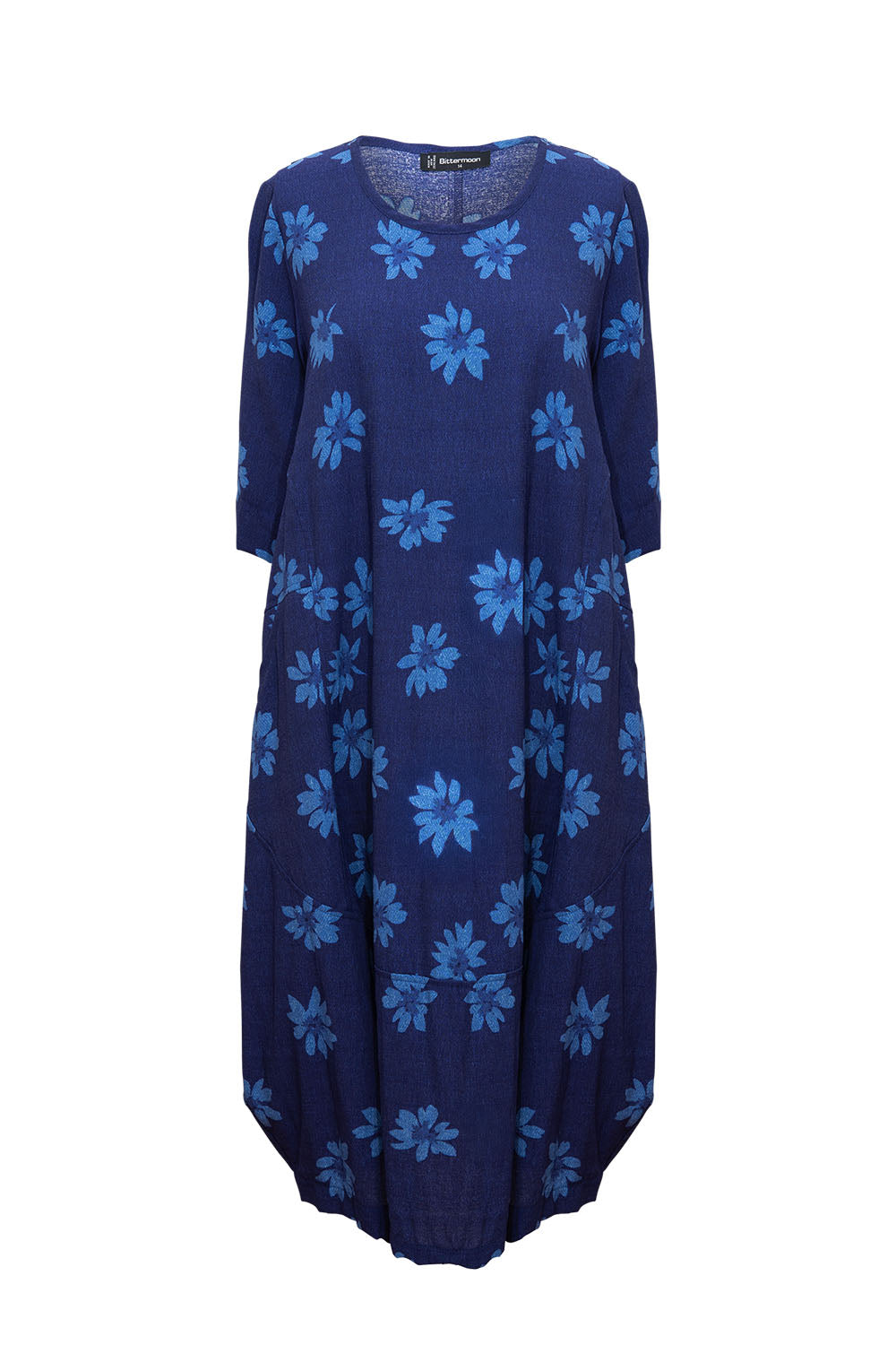 Bittermoon Dune Dress Blue – cocoon-shaped dress in floral jacquard linen. NZ made.