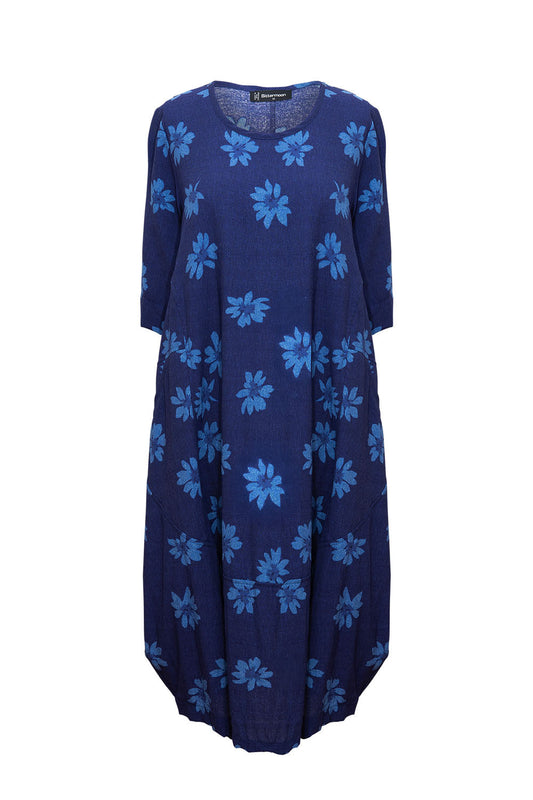 Bittermoon Dune Dress Blue – cocoon-shaped dress in floral jacquard linen. NZ made.