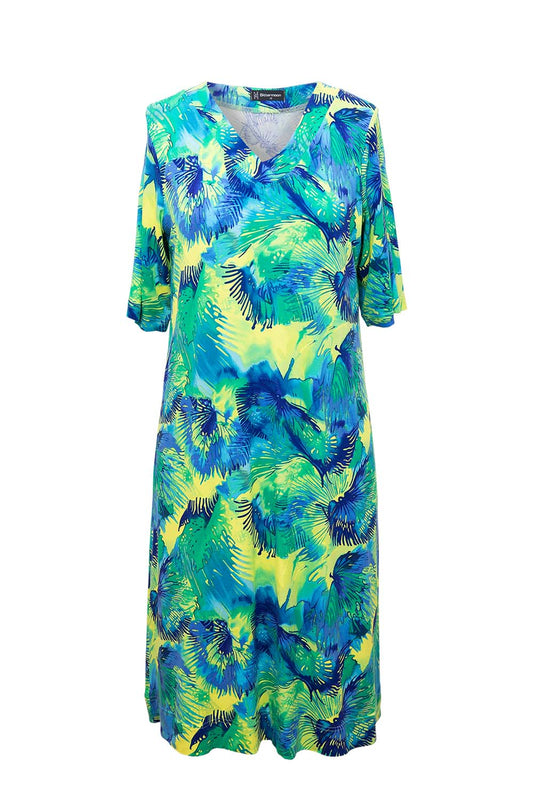 Bittermoon Mystic Dress in Marina – V-neck A-line dress in abstract blue, green and yellow print with short sleeves