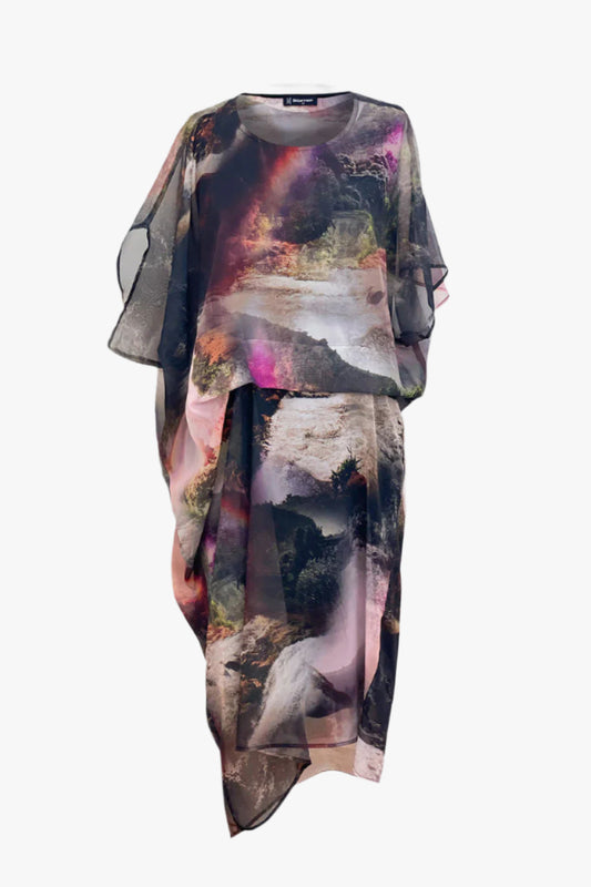 Bittermoon Scenic Dress – chiffon overlay dress with painterly abstract landscape print. Made in New Zealand.
