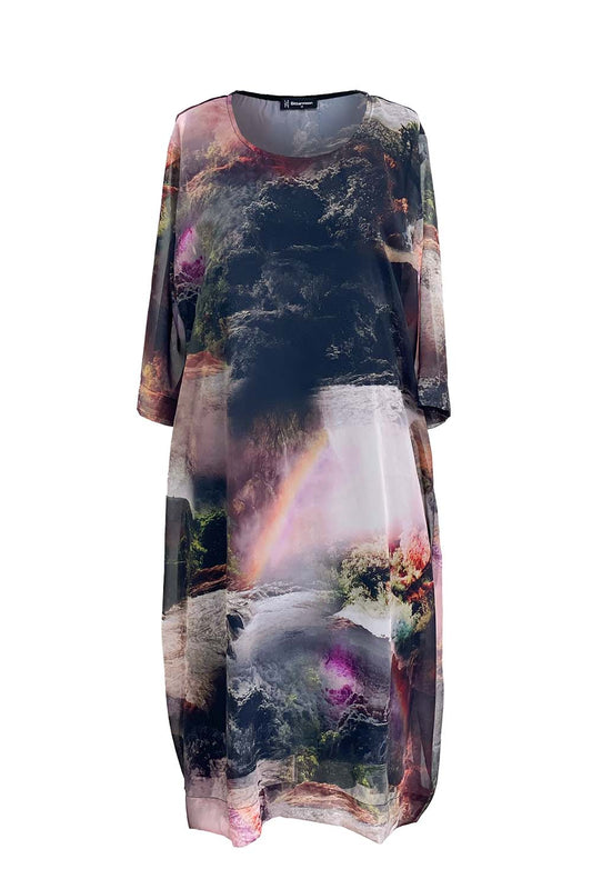 Bittermoon Waterfall Dress – chiffon dress with scenic landscape print in earthy tones. NZ made.

