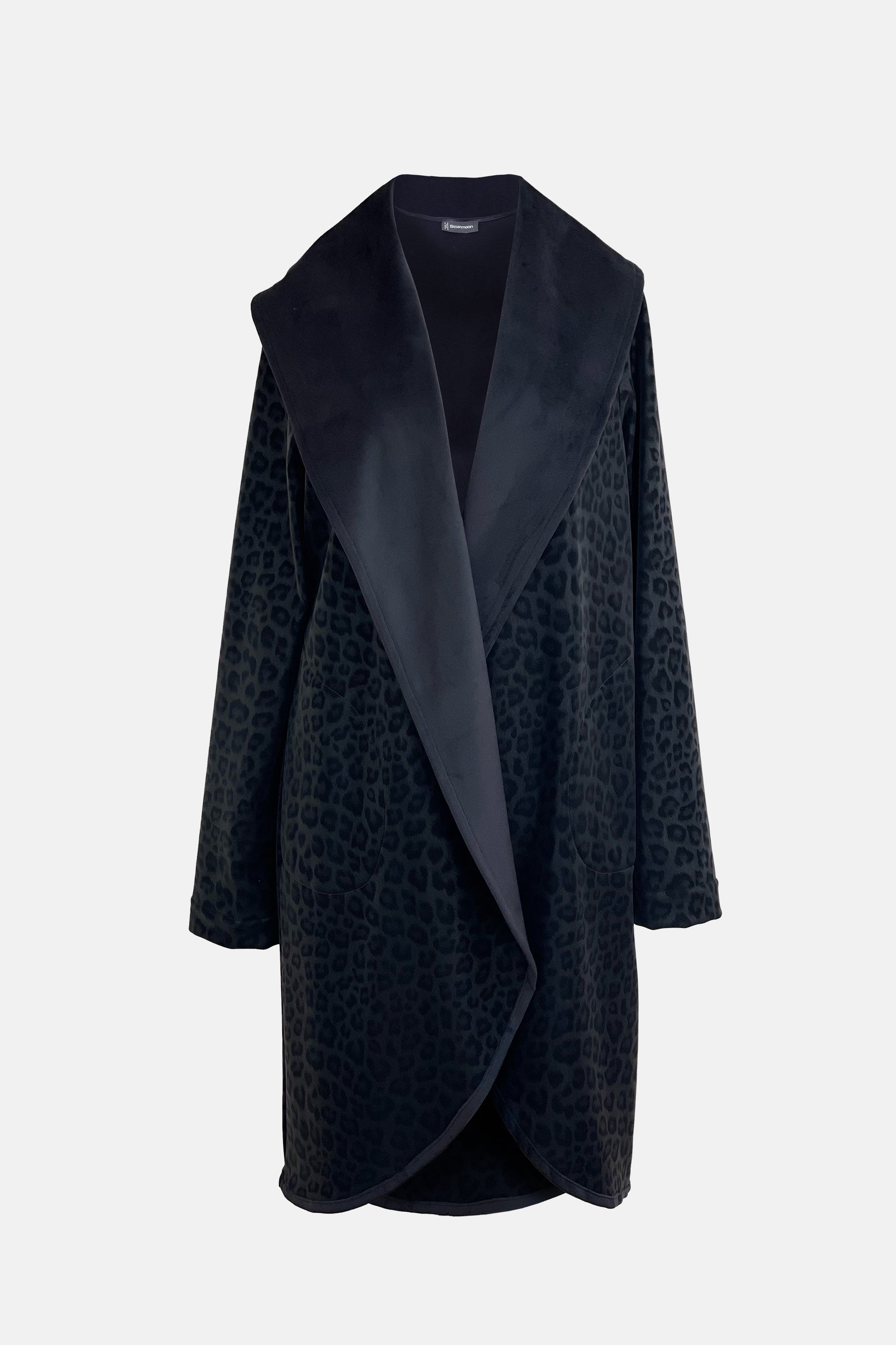 Bittermoon Panther Coat in black – oversized silhouette, tonal leopard texture, longline fit, made in New Zealand