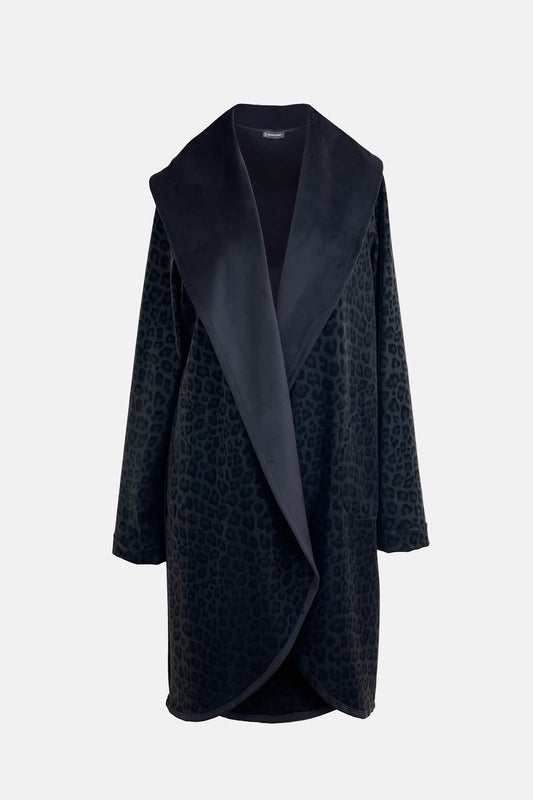 Bittermoon Panther Coat in black – oversized silhouette, tonal leopard texture, longline fit, made in New Zealand
