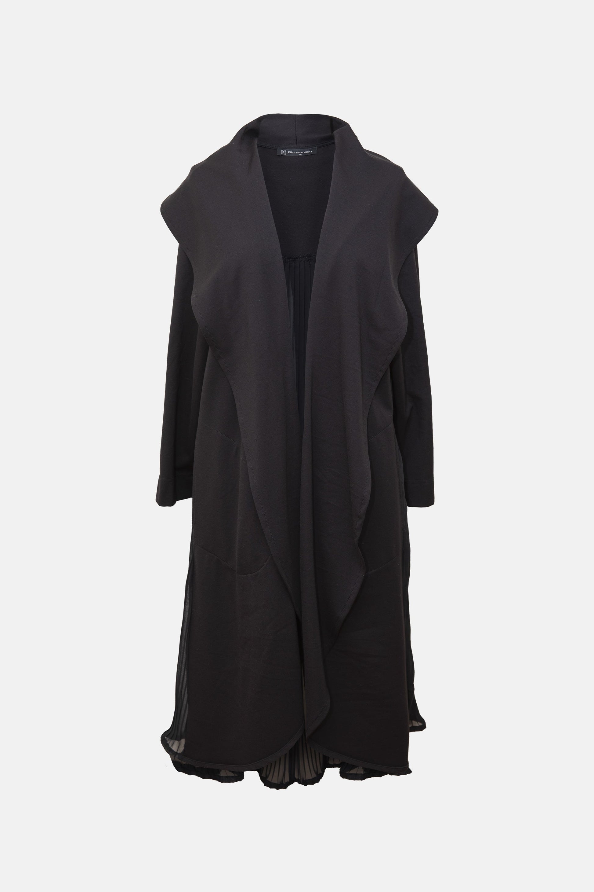 Bittermoon Elegance Coat in black – longline tailored fit, waist tie, notched lapel, made in New Zealand