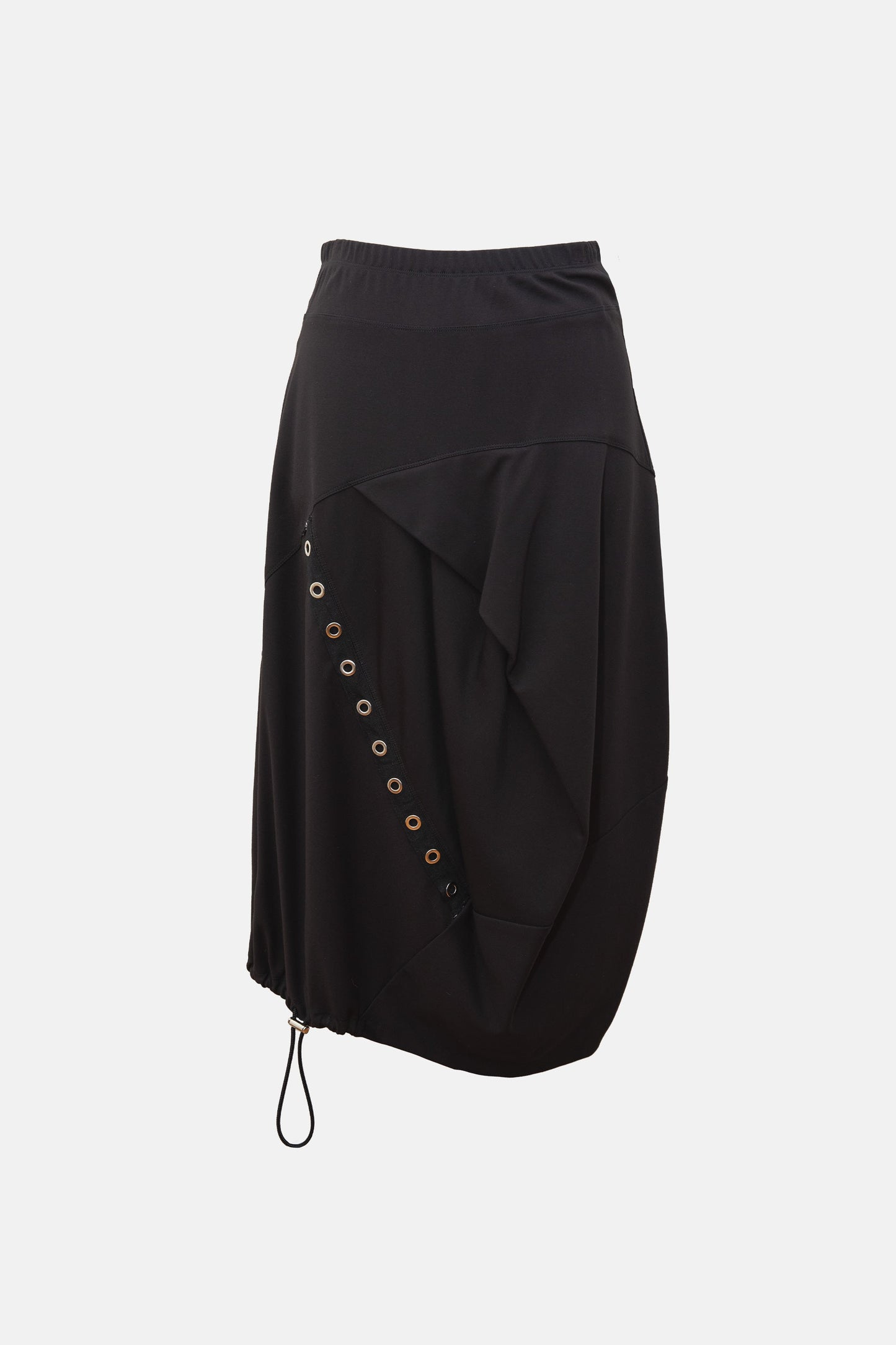 Bittermoon Eyelet Skirt in black – A-line silhouette, midi length, scalloped hem, made in New Zealand