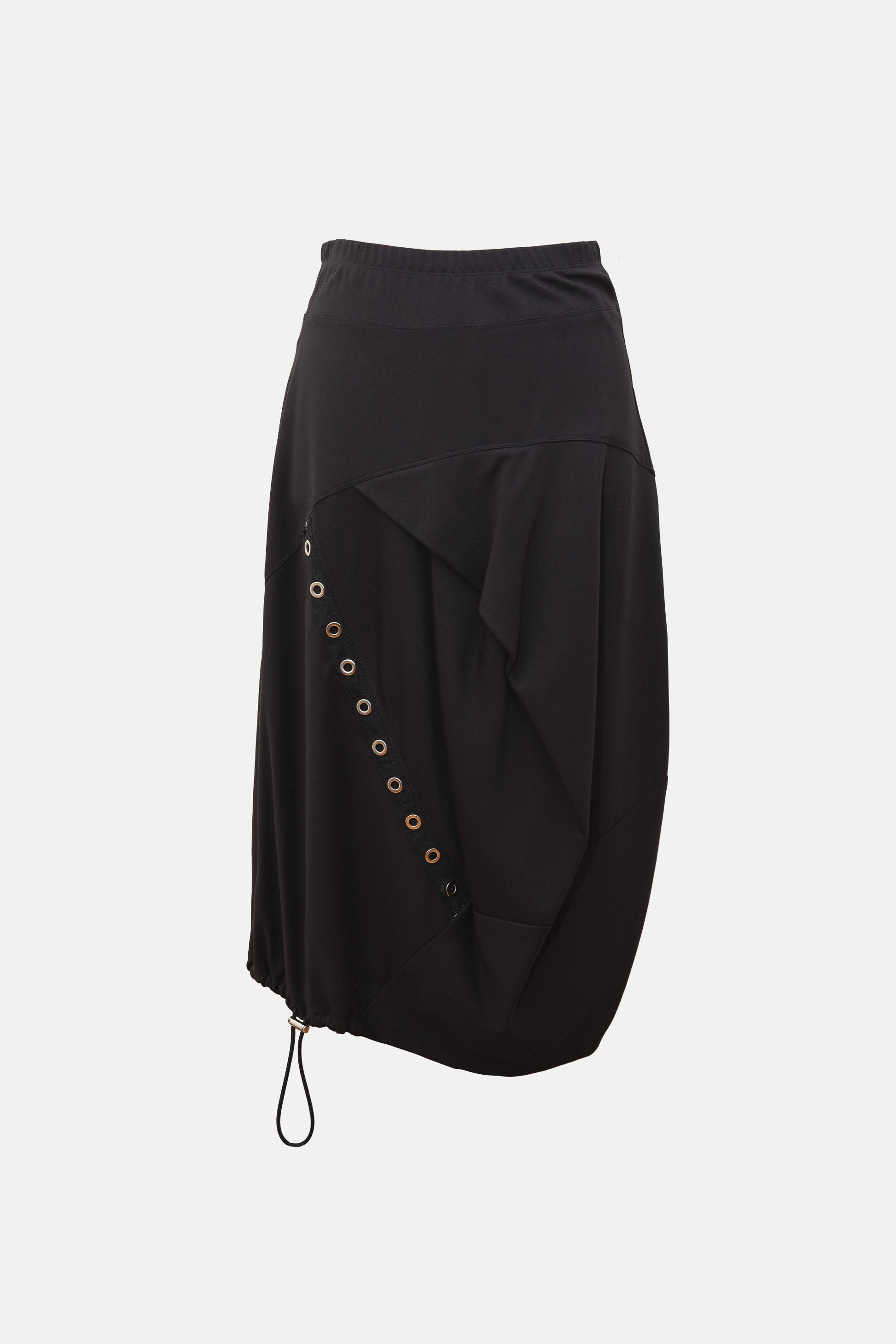 Bittermoon Eyelet Skirt in black – A-line silhouette, midi length, scalloped hem, made in New Zealand