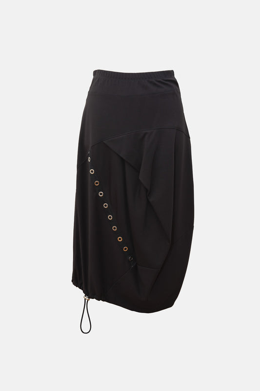 Bittermoon Eyelet Skirt in black – A-line silhouette, midi length, scalloped hem, made in New Zealand