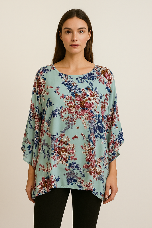 Bittermoon Heart Break Top in Splash print with blues and neutrals