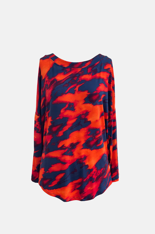 Bittermoon Paula Top in red and navy abstract print – long sleeves, boat neckline, relaxed A-line silhouette, made in New Zealand
